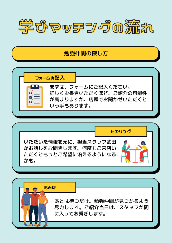共に学ぶ勉強仲間を探して紹介します 学びマッチング 公式 勉強カフェ 本町 西梅田